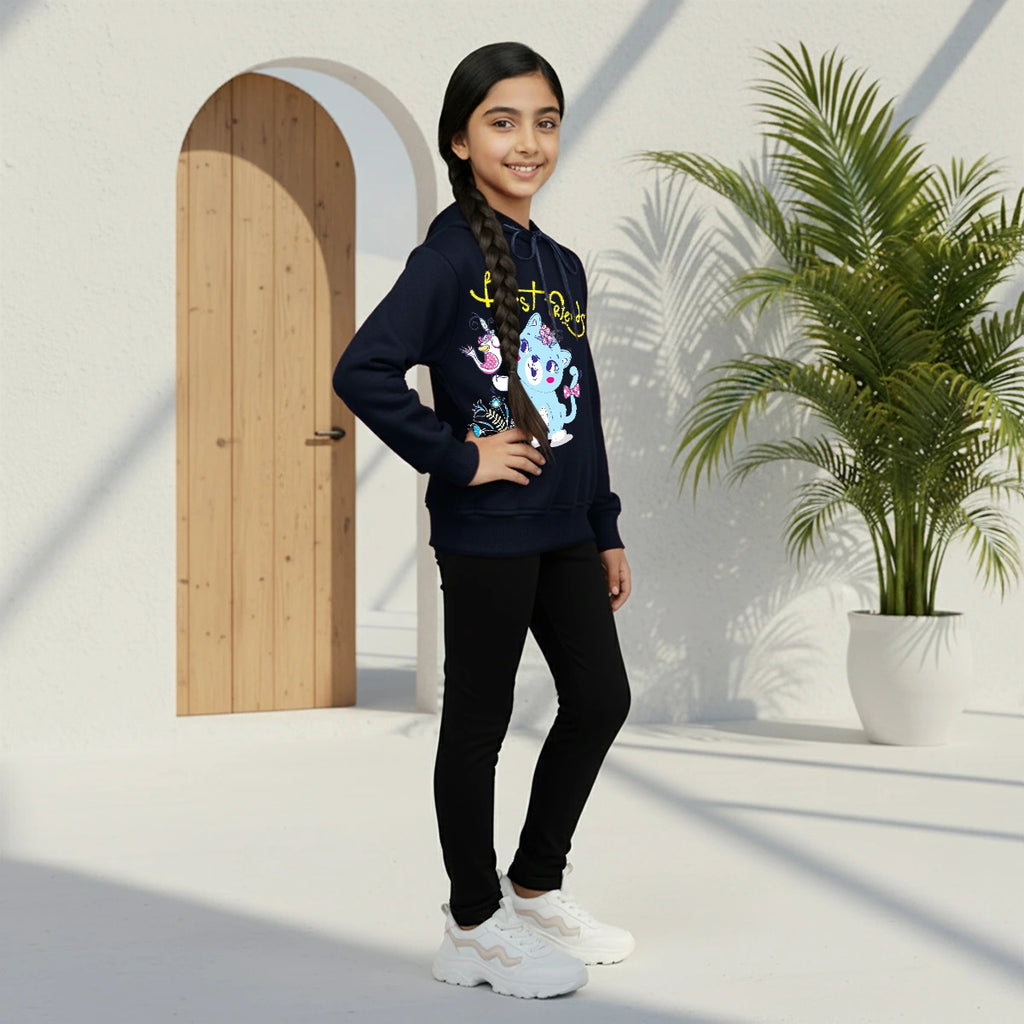 Girls Navy Blue Best Friend Graphics Hooded Sweatshirt Sweatshirts & Hoodies