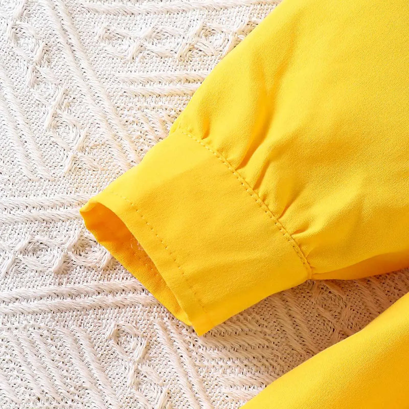 Girls Yellow Solid Flowers Appliqued Shirt Dress Casual Dresses
