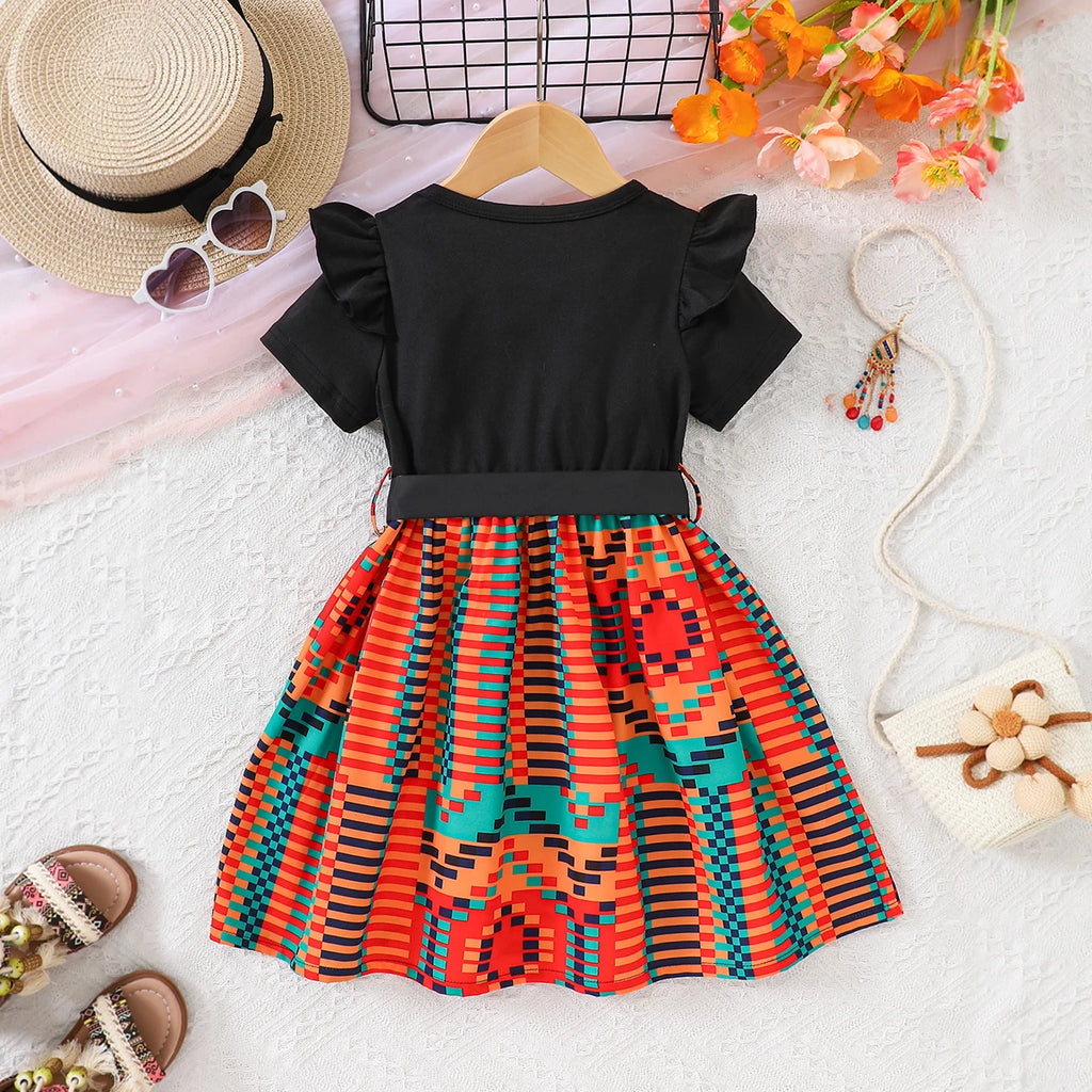 Girls Black Typographic Print Flutter Sleeve Fit & Flare Dress Casual Dresses