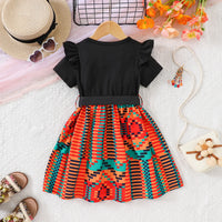 Girls Black Typographic Print Flutter Sleeve Fit & Flare Dress Casual Dresses