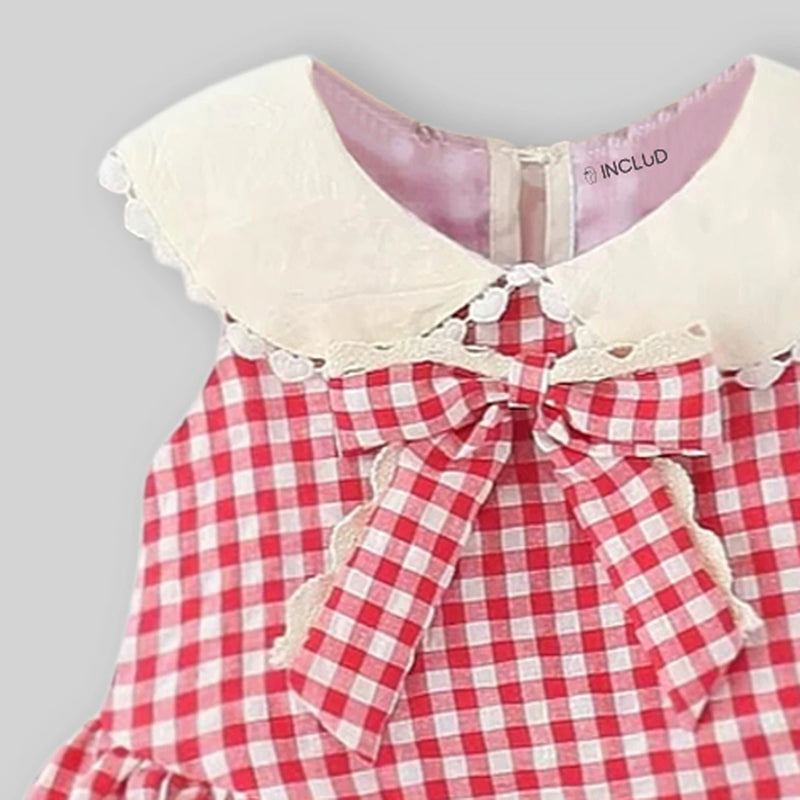Girls Red Checked Fit & Flare Dress With Bubble Hemline Casual Dresses
