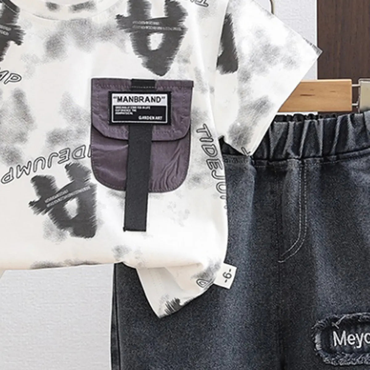 Boys White Typographic Print Short Sleeves T-Shirt With Denim Shorts Set Sets