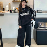 Girls Black Typographic Printed Sweatshirt With Wide Leg Pant Sets