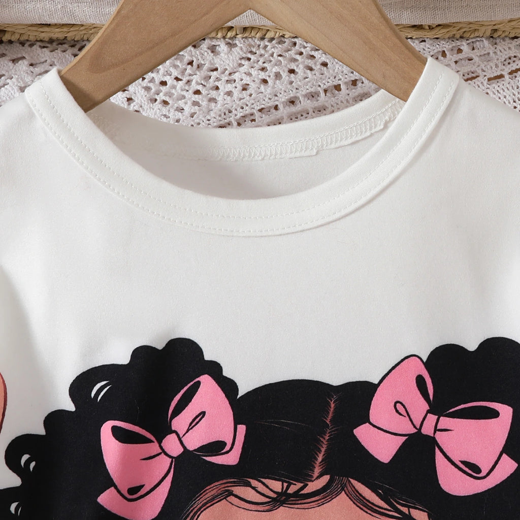 Girls White Graphics Top With Daisy Printed Denim Pants Set Sets