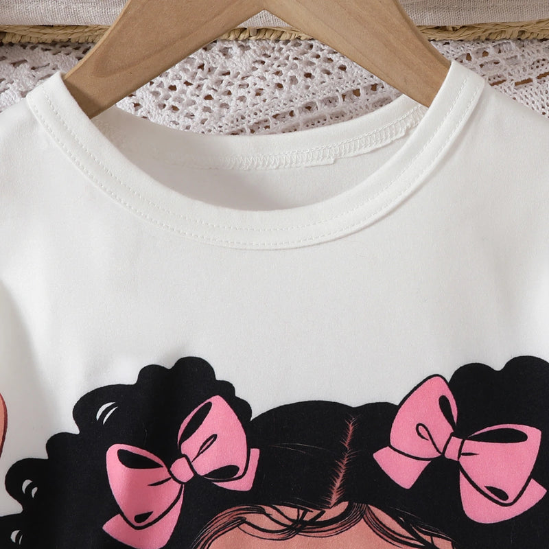 Girls White Graphics Top With Daisy Printed Denim Pants Set Sets
