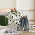 Boys Green Star Print Shorts Sleeves T-Shirt With Denim Shorts Set 2 pc. Sets Green 1-2 Y