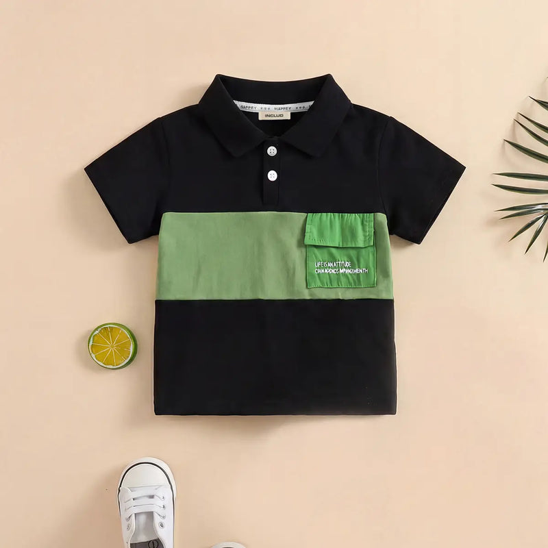 Boys Black Color-blocked Polo T-Shirt With Short Sleeves Tshirts Black 1-2 Y