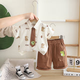 Boys Brown Dino Printed Shirt With attached Tie & Shorts Set