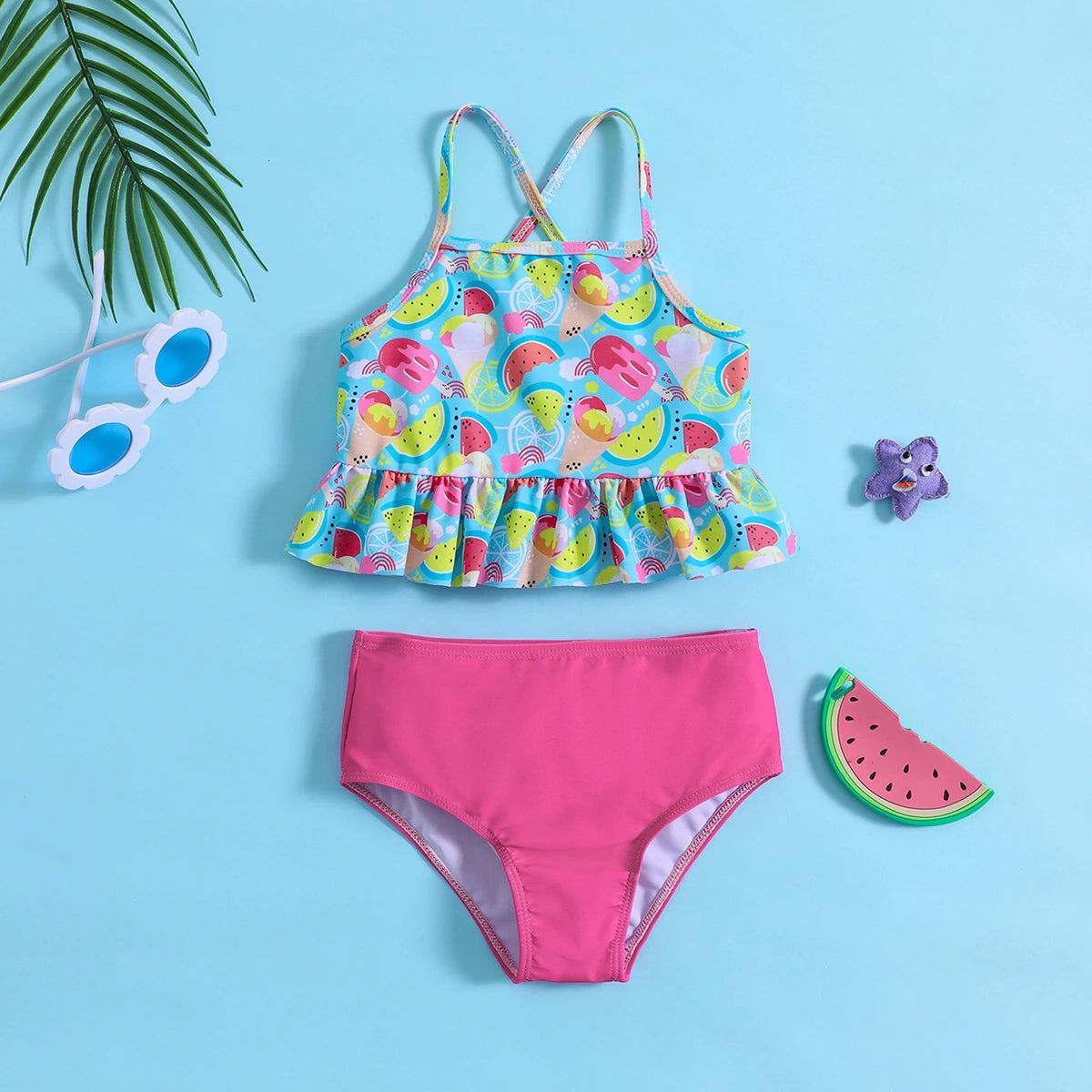 Girls Blue Fruit Printed Peplum Top With Briefs Swimwear Sets Sets Blue 1-2 Y