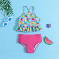 Girls Blue Fruit Printed Peplum Top With Briefs Swimwear Sets Sets Blue 1-2 Y