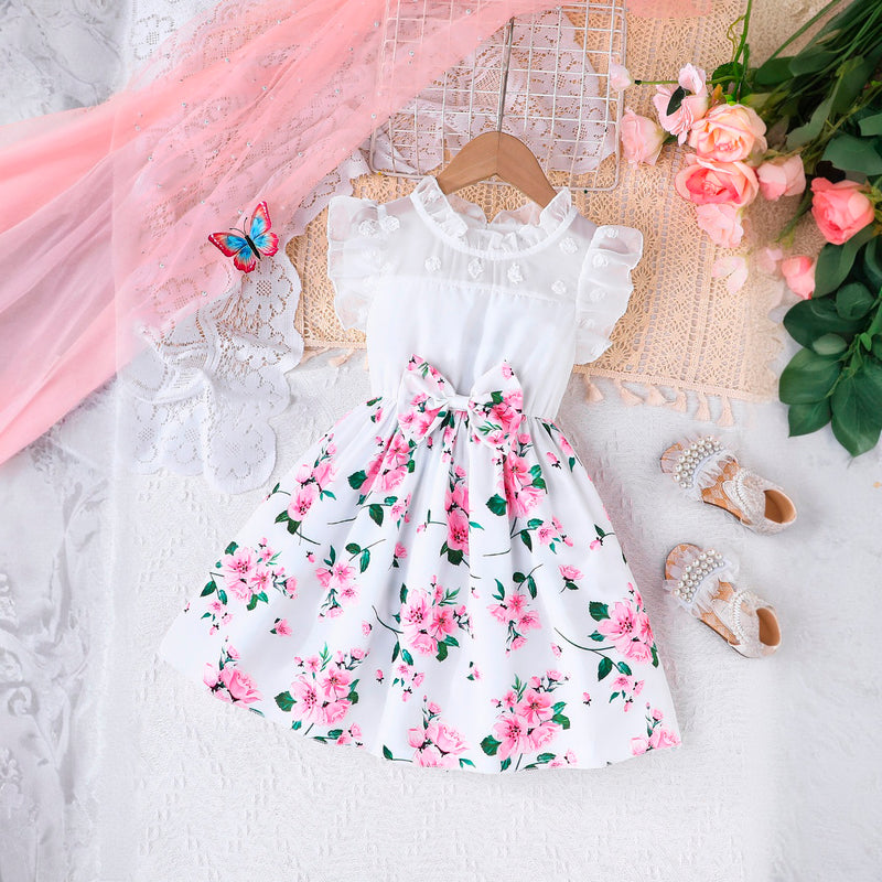 Girls White Floral Printed Fit & Flare Flutter Sleeve Dress Casual Dresses