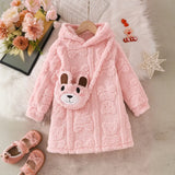 Girls Pink Self-Design Hooded A-line Dress With Sling Bag