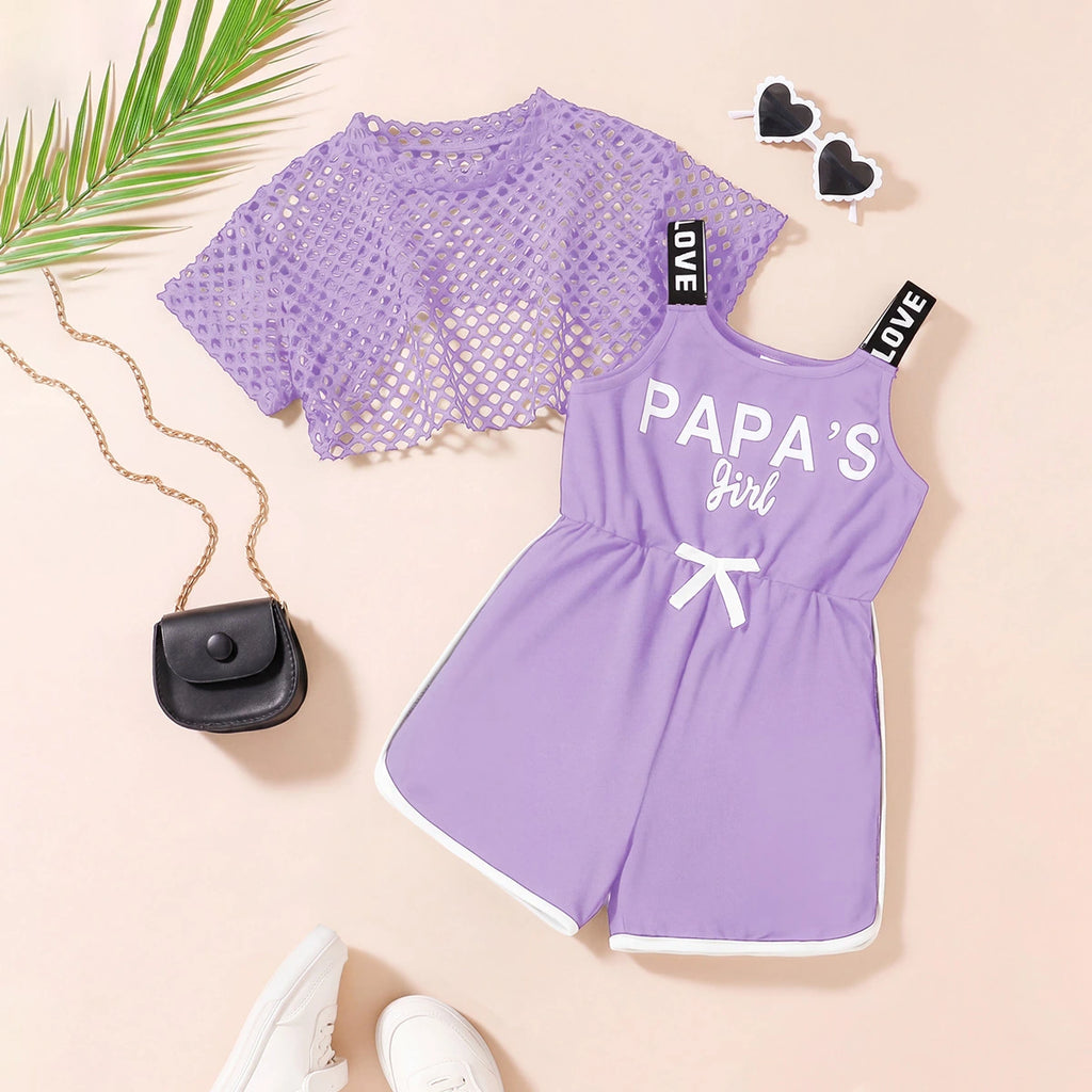 Girls Lavender Typographic Print Playsuit With Crop Top Playsuits Lavender 3-4 Y