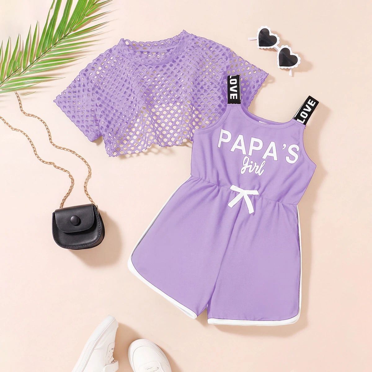 Girls Lavender Typographic Print Playsuit With Crop Top Playsuits Lavender 3-4 Y