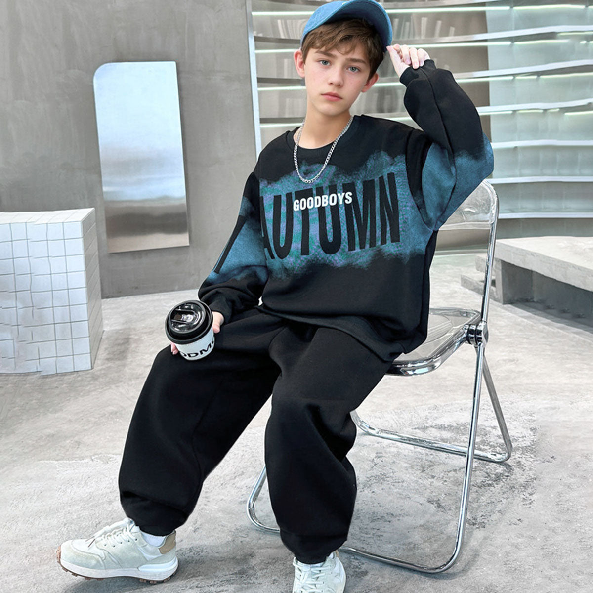 Boys Black Typographic Printed Sweatshirt With Jogger Winter Co-ord Sets 2 pc. Sets