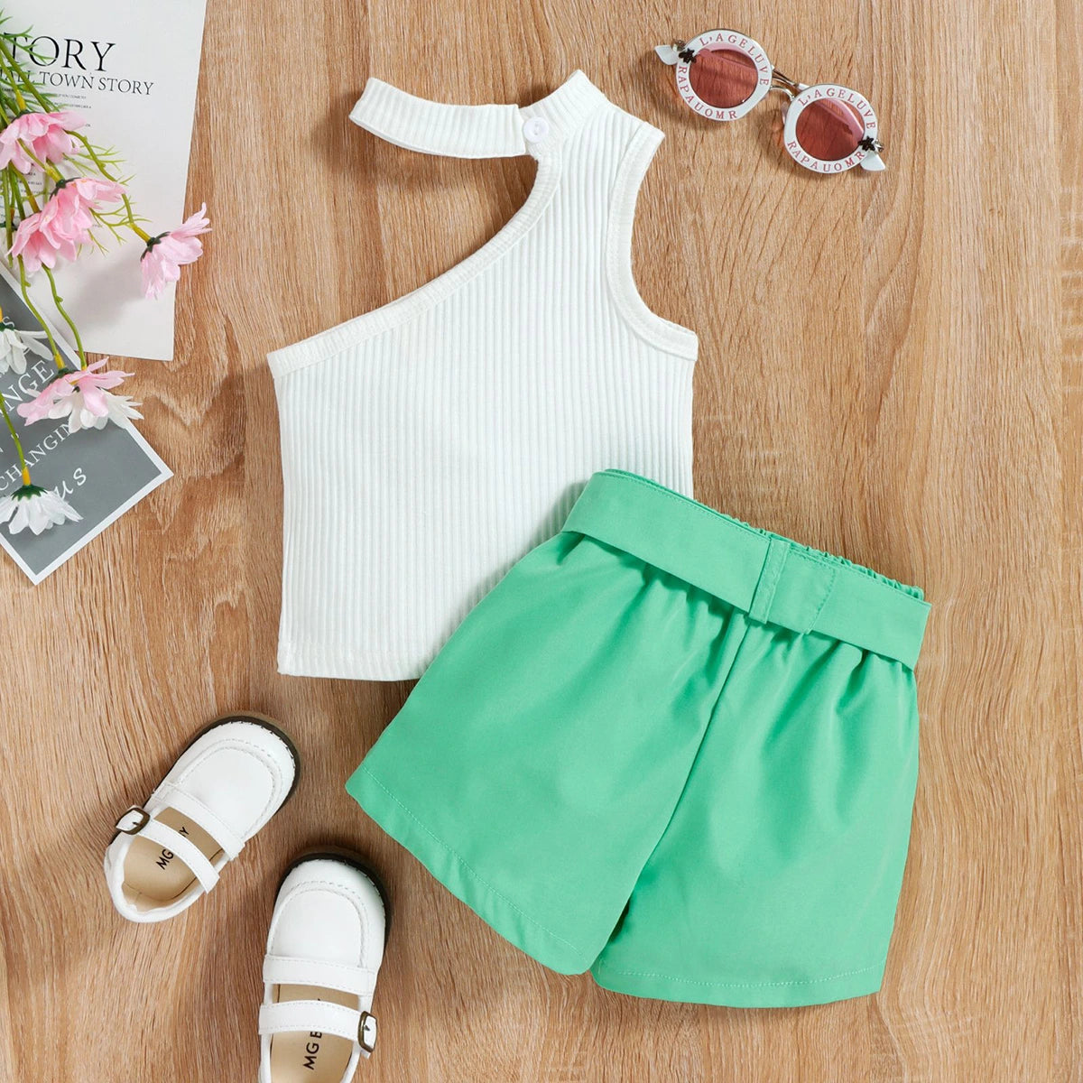 Girls White One Shoulder Ribbed Top With Shorts Sets 2 pc. Sets