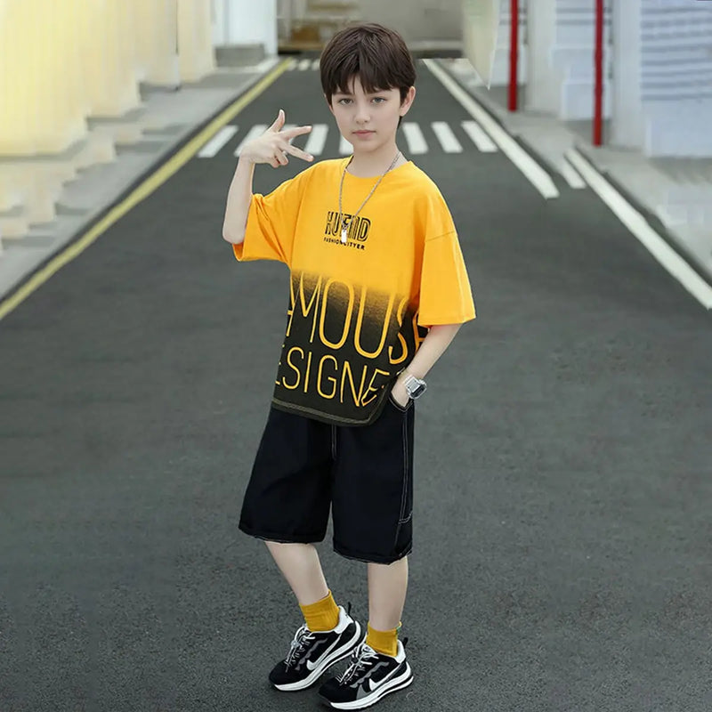 Boys Mustard Typographic Printed Oversized T-Shirt With Shorts Set Sets