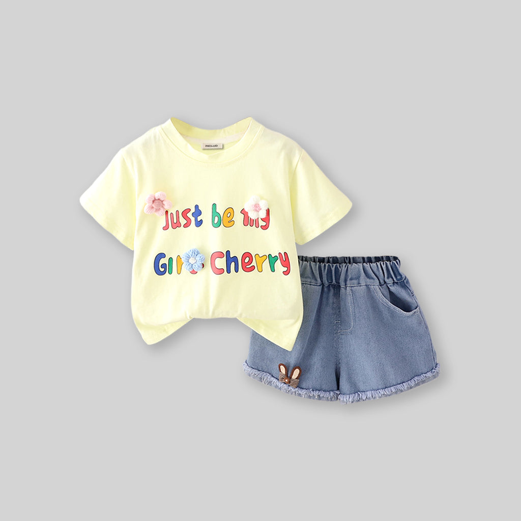 Girls Printed T-shirt with Denim Shorts Set