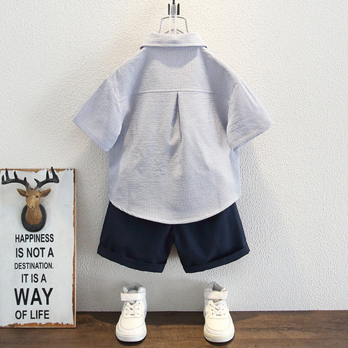 Boys Blue Stripes Button-up Shirt With Shorts Set Sets