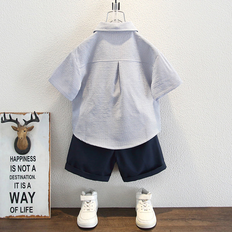 Boys Blue Stripes Button-up Shirt With Shorts Set Sets