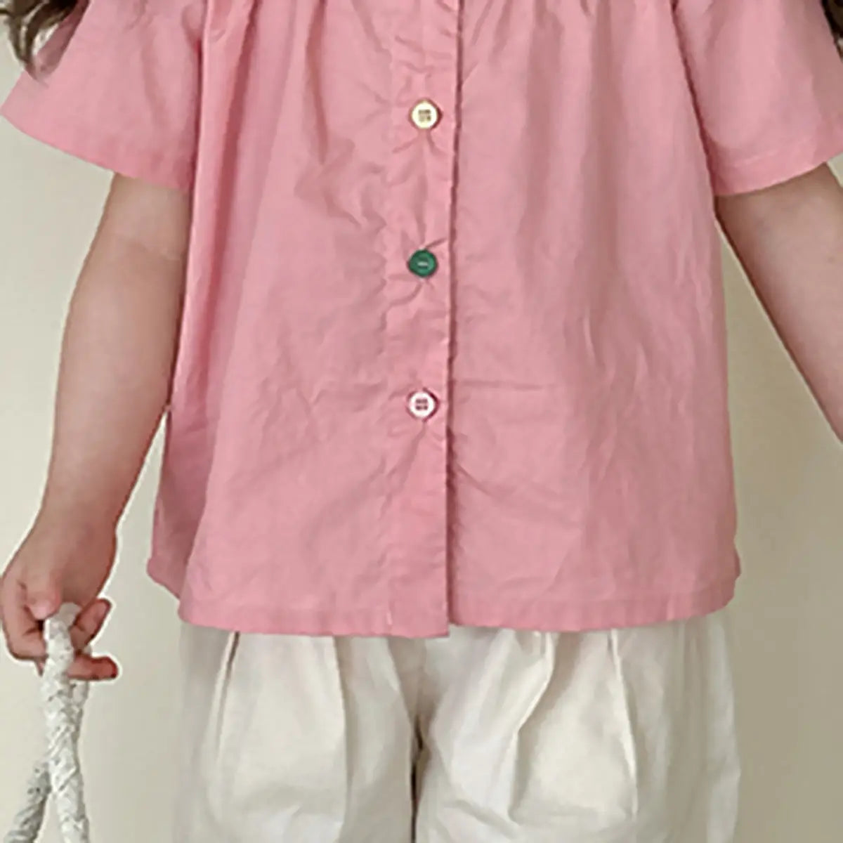 Girls Pink Puff Sleeve Button-Down Top With Pants Sets Sets