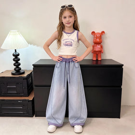 Girls Light Blue Relaxed Fit Denim Jeans with Drawstring Pants Light Blue 5-6 Y