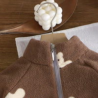 Girls Brown Fleece Teddy Bear Cartoon Printed Zip-up Jacket With Jogger Co-ord Sets Sets