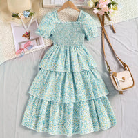 Girls Green Short Sleeve Floral Print Layered Dress Casual Dresses