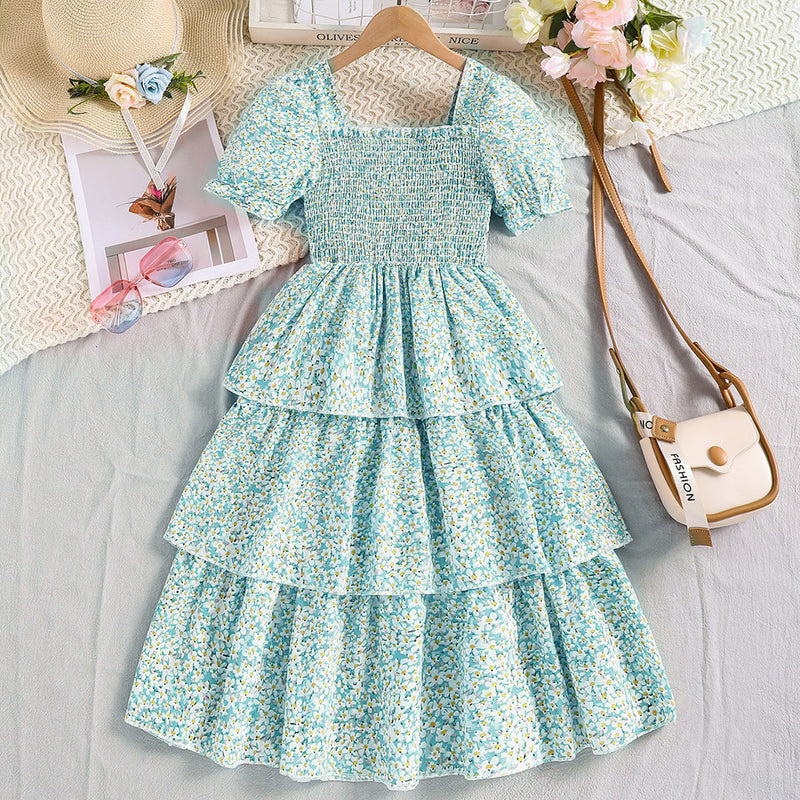 Girls Green Short Sleeve Floral Print Layered Dress Casual Dresses
