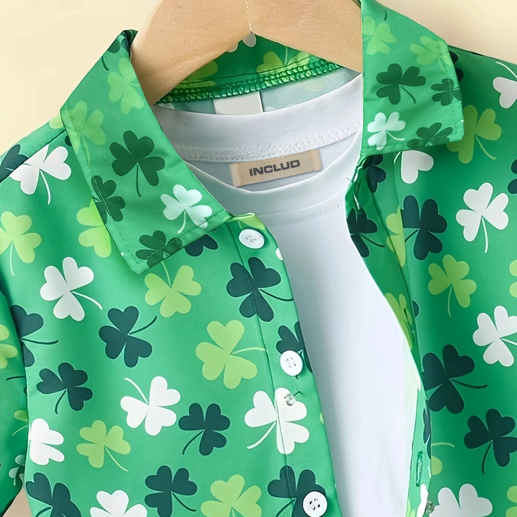 Boys Green Floral Printed Short Sleeves Shirt Shirts