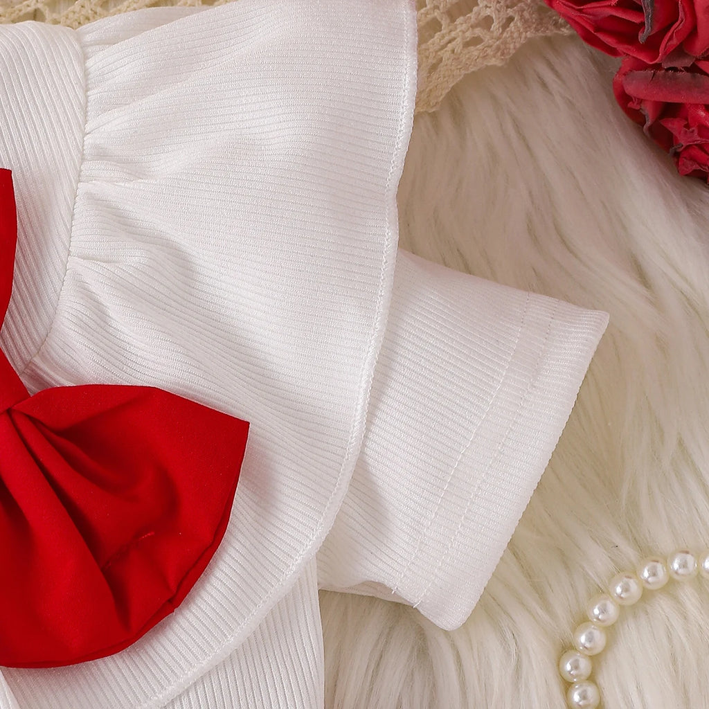 Girls White Bow Applique Short Sleeve Top With Pleated Skirt Sets 2 pc. Sets