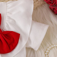 Girls White Bow Applique Short Sleeve Top With Pleated Skirt Sets 2 pc. Sets