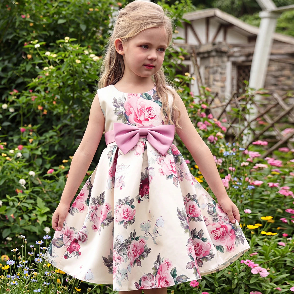 Girls Cream Floral Printed Sleeveless Fit & Flare Dress With Bow Detail Casual Dresses Cream 2-3 Y