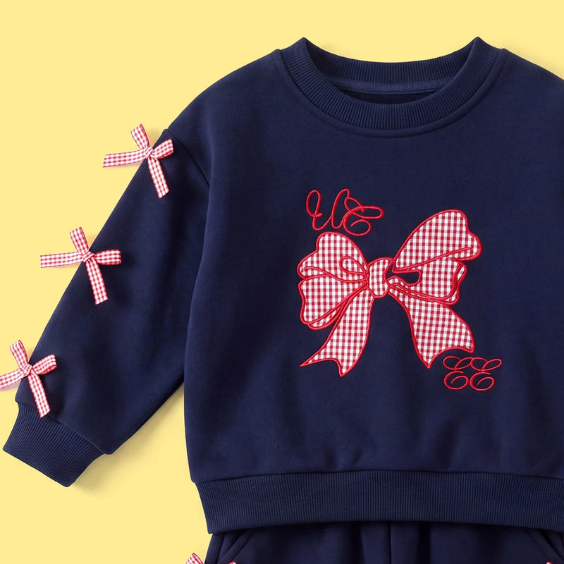 Girls Navy Blue Bow Applique Long Sleeve Sweatshirt With Pants Sets 2 pc. Sets