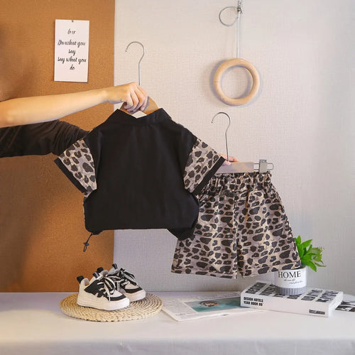Boys Dark Brown Leopard Print Polo T-Shirt & Shorts Co-ord Sets Sets