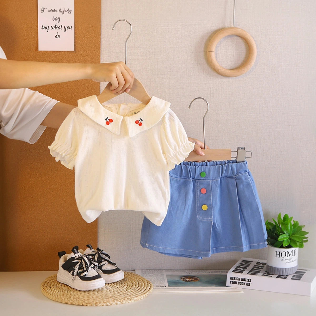 Girls Beige Cherry Embroidered Peter Pan Collar Top With Skorts Sets 2 pc. Sets Beige 1-2 Y