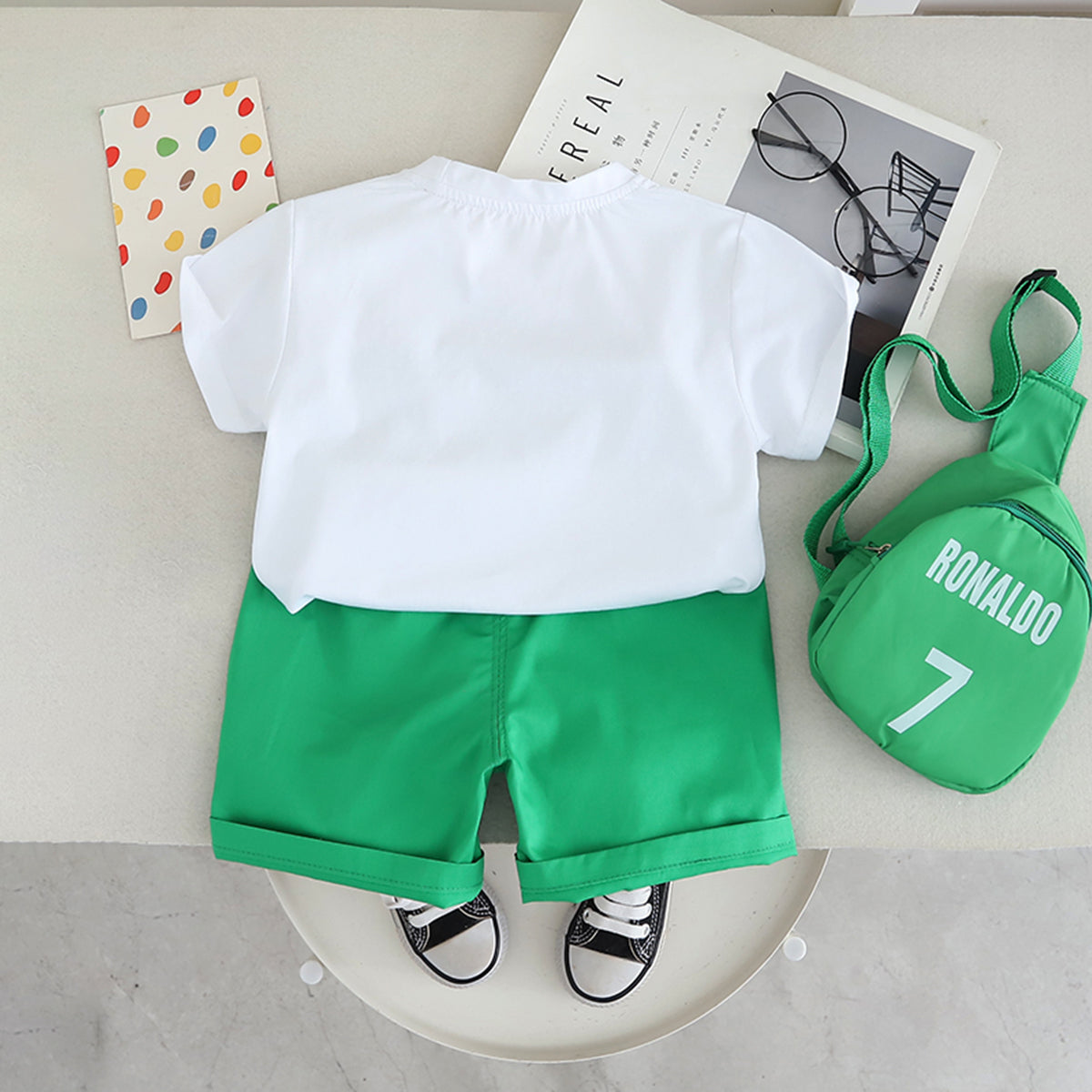 Boys Printed Short Sleeves T-Shirt With Green Shorts And Bag Pack Set 3 pc. Sets