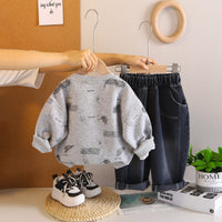 Boys Grey Typographic Sweatshirt With Denim Pants Set 2 pc. Sets
