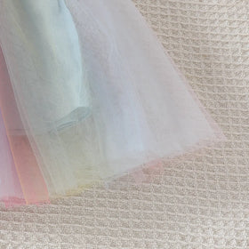 Girls Light Blue Tulle Overlay Fit And Flare Dress With Puff Sleeves Casual Dresses