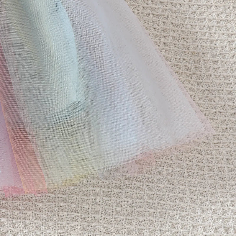 Girls Light Blue Tulle Overlay Fit And Flare Dress With Puff Sleeves Casual Dresses