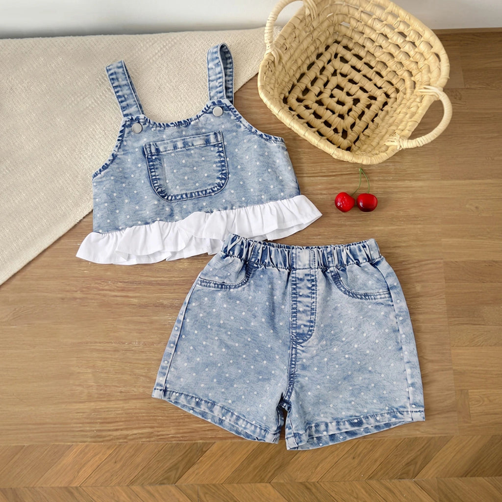 Girls Light Blue Polka Dot Print Sleeveless Top With Shorts Sets 2 pc. Sets Light Blue 2-3 Y