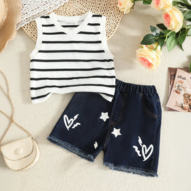 Girls Striped Sleeveless Top With Dark Blue Denim Shorts Sets 2 pc. Sets Dark Blue 2-3 Y