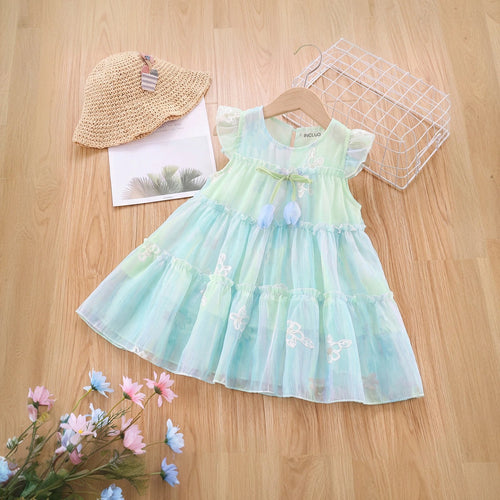 Girls Blue Floral Flutter Sleeve Tiered Dress Casual Dresses Blue 1-2 Y