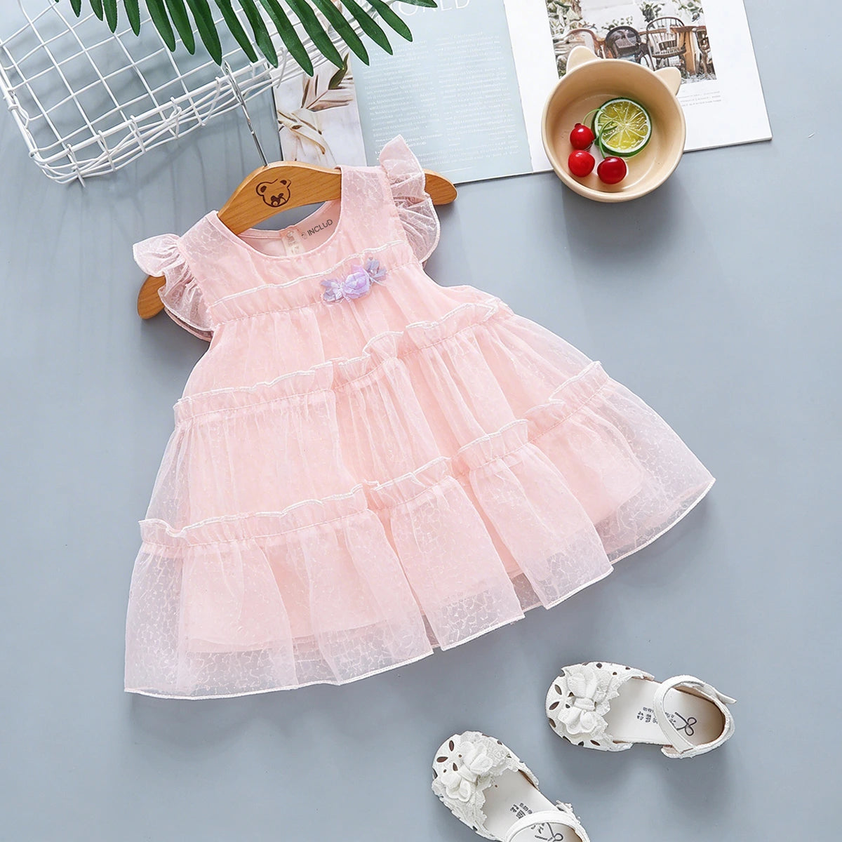 Girls Pink Flutter Sleeve Tiered A-line Dress Casual Dresses Pink 1-2 Y