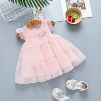 Girls Pink Flutter Sleeve Tiered A-line Dress Casual Dresses Pink 1-2 Y
