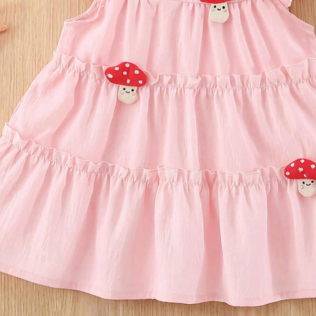 Girls Light Pink Mushroom Applique Flutter Sleeve Tiered Dress Casual Dresses