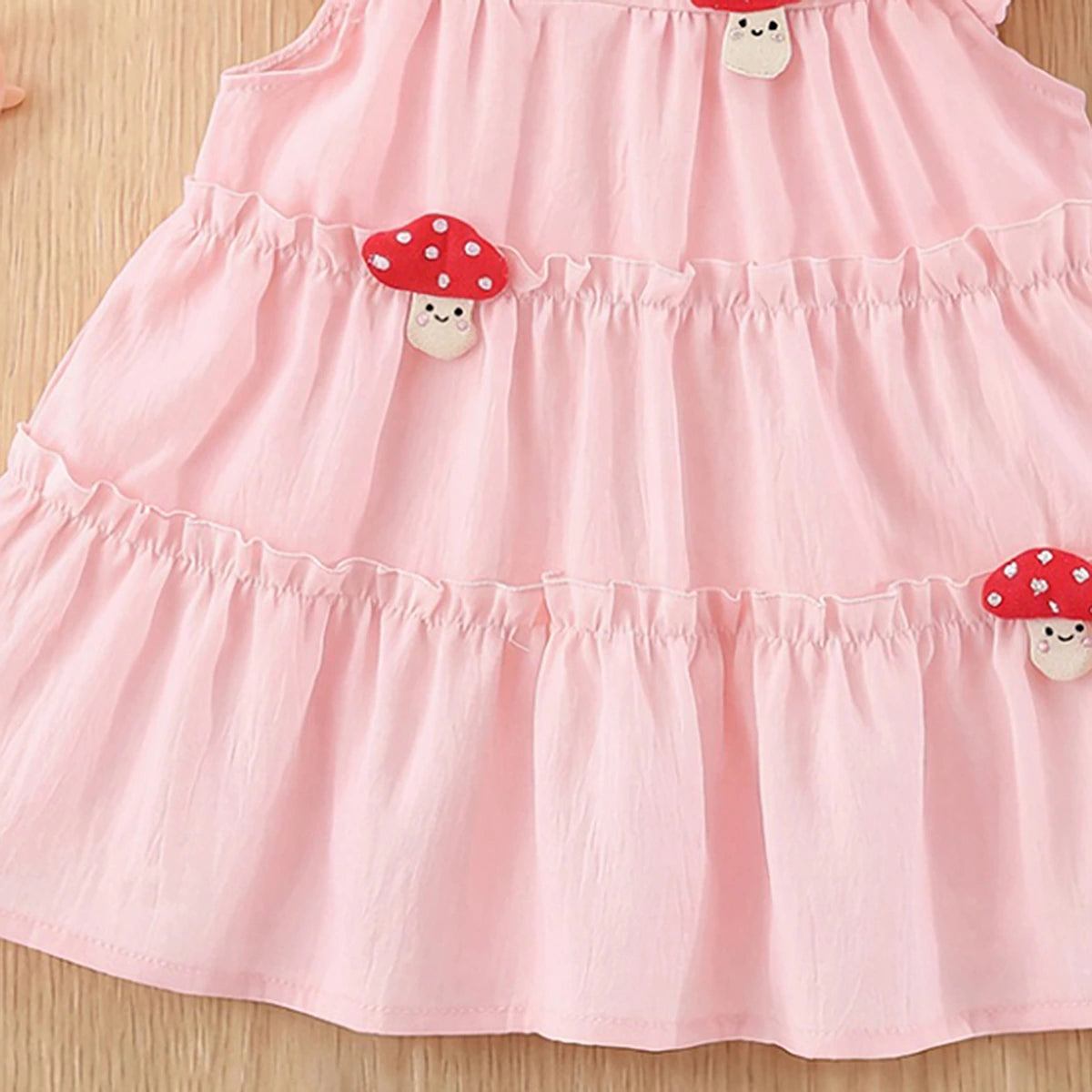 Girls Light Pink Mushroom Applique Flutter Sleeve Tiered Dress Casual Dresses