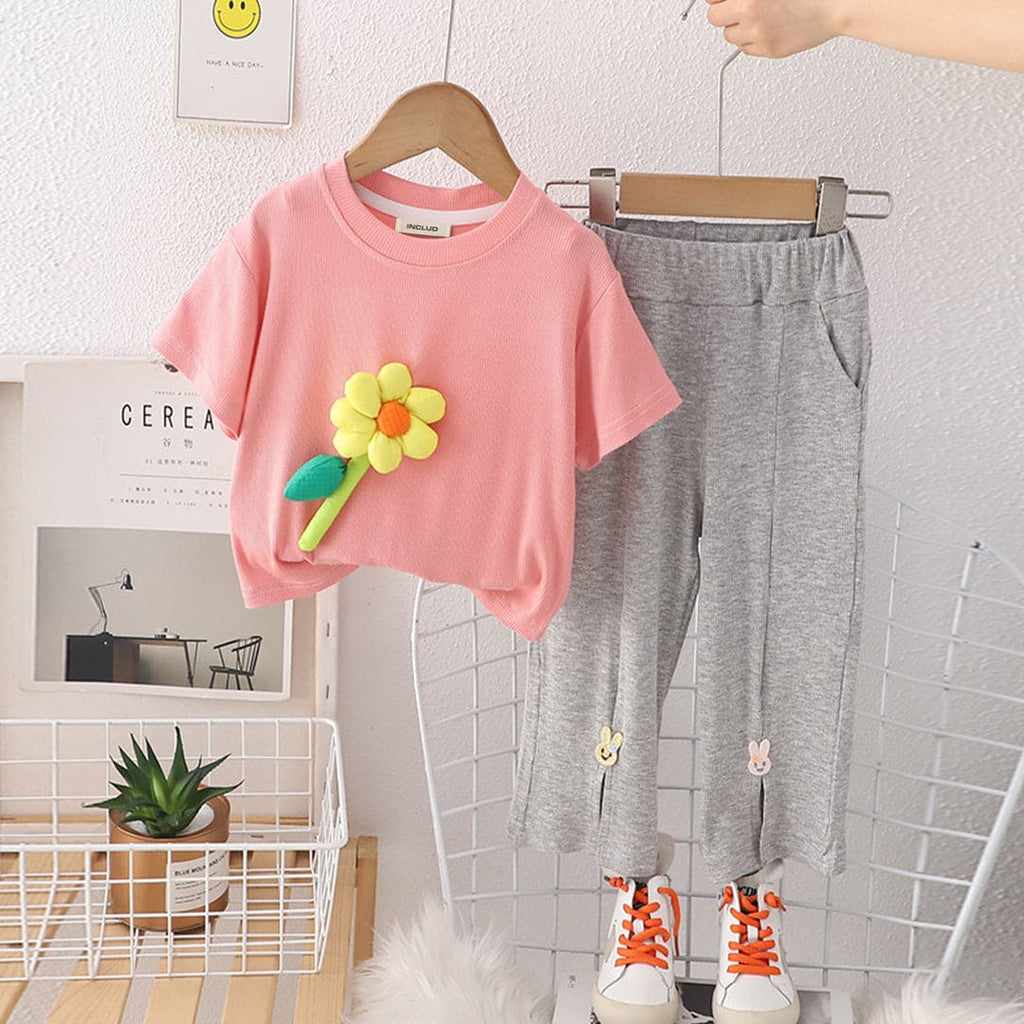 Girls Flower Applique Short Sleeve T-Shirt With Knitted Pants