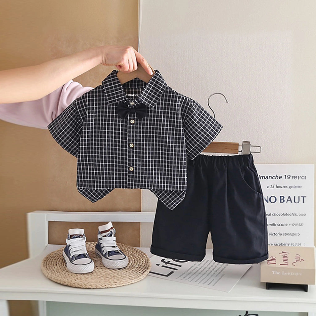 Boys Black Checked Short Sleeve Shirt with Shorts Sets 2 pc. Sets Black 1-2 Y