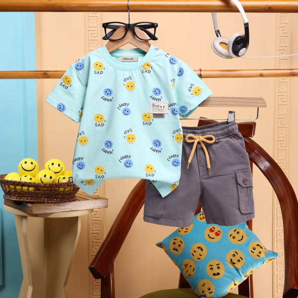 Boys Sky Blue Graphics Printed T-Shirt With Cargo Pocket Shorts Set 2 pc. Sets Sky Blue 0-3 M